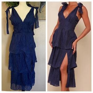 NWOT Lulus Blissful Direction Navy Tie-Strap Clip Dot Bustier Midi Dress